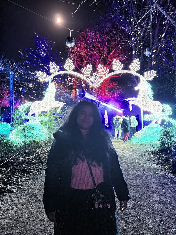 Standing under glowing reindeer lights at night